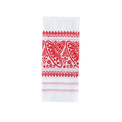 RAMDHENU Assamese Polycotton Japi Design 160 GSM Gamcha Red and White Bihu Gamosa (Pack of-1)