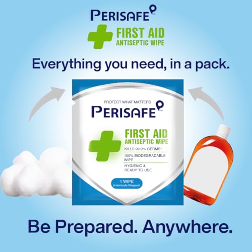 Image of PERISAFE First Aid Antiseptic Wipes | Individually wrapped | 3-in-1 on the go wipe | Kills 99.9% germs | 100% Biodegradable | Hygienic & ready to use | Cleans wounds & Prevents infection| 25 wipes Box