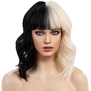 HAIRCUBE short rizado bob peluca ondulada fiesta de Halloween personajes con peluca sintética resistente al calor (cruella deville; negro y blanco)