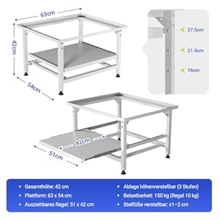 Eikuavons Support de machine à laver 42 cm avec étagère extensible, pieds réglables en hauteur, amortissement du bruit, tiroir coulissant à 3 niveaux, capacité de charge de 150 kg, blanc