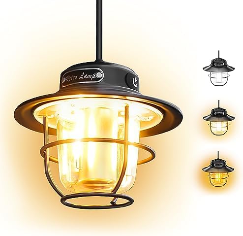 Camping Lantern, Rechargeable Retro Lights for Tents, Portable Waterproof 4 Light Modes (1300-6500K) Stepless Dimming Brightness for Hiking, Emergency, Fishing (Black)