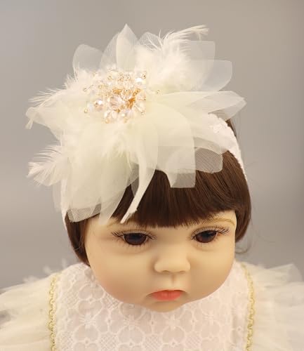 Bethynas Baby Girls Lace Feather Headband Beads Gauze Flower Elastic Toddler Hairband Birthday Party Princess Hair Accessories for Newborn Infant (White)4