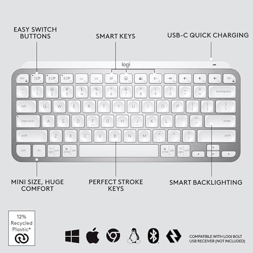Logitech MX Keys Mini Minimalist Wireless Illuminated Keyboard, Compact, Bluetooth, USB-C, for Apple macOS, iOS, Windows, Linux, Android - Pale Gray - With Free Adobe Creative Cloud Subscription