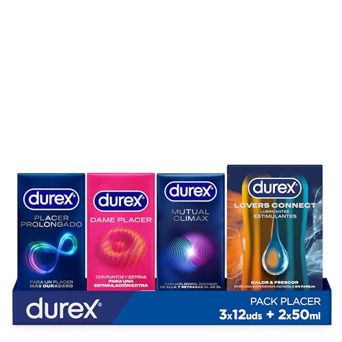 Durex Pack Placer Prolongado + Dame Placer + Mutual Climax, Pack Ahorro 36 Condones + Durex Lovers Connect Calor y Frescor - Lubricante para Ella y para Él 2 x 50 ml