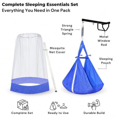 Image of VParents Sleeping Essentials Set with Mosquito Net, Spring & Metal Window Hanger (DarkBlue)