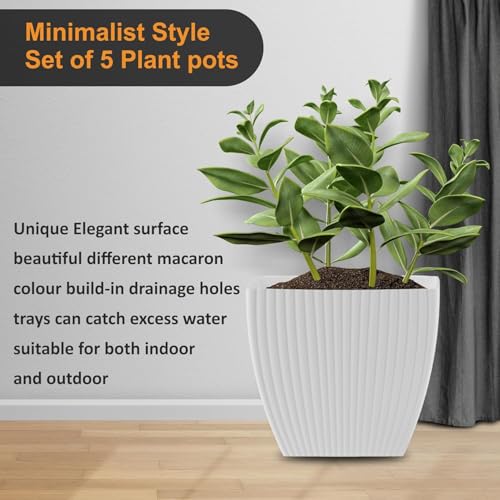 Image of ELUVIA 7-inch Square Planters with Saucers (Set of 5) - Modern Fluted Flower Pots with Drainage Holes and Trays - Premium Plastic Indoor Outdoor Plant Pots for Succulents, Flowers (White)