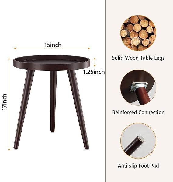 Image of Small Round Coffee Table, Modern Side Table with 3 Stable Legs, Multifunctional Sofa Side Table for Balcony Office (Full Brown)