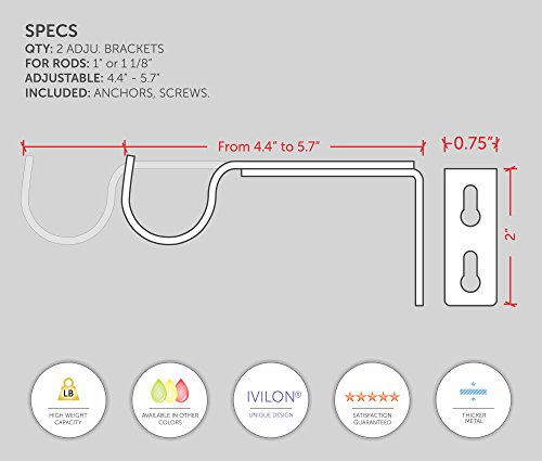 image for Ivilon Adjustable Brackets for Curtain Rods - for 1 or 1 1/8 Inch Rods