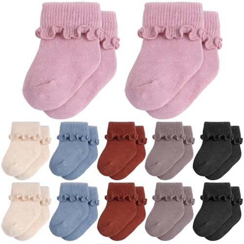 Image of Toulite 12 Pairs Preemie Newborn Baby Ankle Socks Ruffle Turn Cuff Cotton Non-slip Warm Socks for Girls and Boys Infant