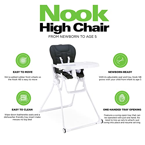Image of Joovy Nook NB High Chair Featuring Four-Position Adjustable Swing Open Tray, 3-Position Reclining Seat, and Front Wheels for Added Mobility - Folds Down Flat for Easy Storage, Jet