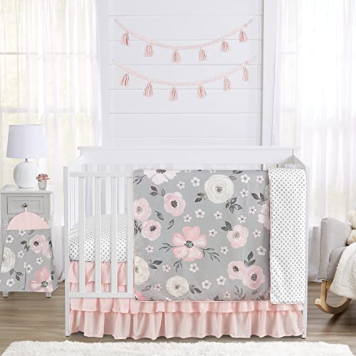 Image of Sweet Jojo Designs Grey Watercolor Floral Baby Girl Nursery Crib Bedding Set - 4 Pieces - Blush Pink Gray and White Shabby Chic Rose Flower Polka Dot Farmhouse