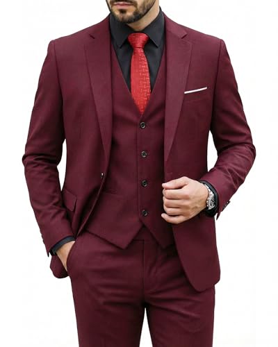 MY'S Men's 3 Piece Suit Set with Tie, One Button Slim Fit Solid Jacket Vest Pants, Prom Party Wedding Business Suits for Men, Burgundy Large