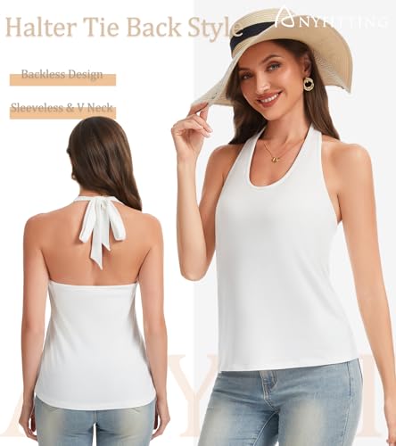Women Back Tie Halter Tank Top with Built in Bra Sleeveless 2026 Floral Summer Trendy Padded Backless Shirt Top Camisole White - image 4