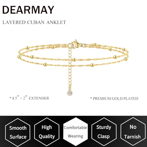 Image of DEARMAY Gold Ankle Bracelets for Women Waterproof, Non Tarnish 14K Gold Plated Beaded Link Chain Anklets, Layered Summer Beach Jewelry Gifts, Dainty Bikini Outfits for Vacation