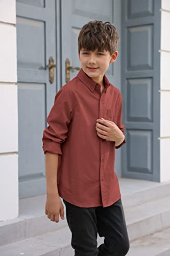 Boys' Long Sleeve Dress Shirts Classic Collared Button-Down Tshirt Solid Cotton Top With Chest Pocket Burgundy #TOP2