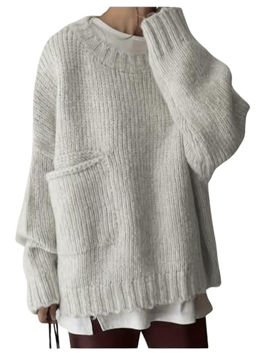 Image of RoseSeek Women's Plus Size Crewneck Sweaters Long Sleeve Pocket Chunky Knitted Sweater Jumper Light Grey 2XL