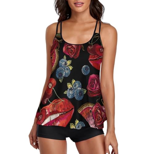 Maillot de Bain Tankini 3 Pièces Séchage Rapide avec Robe de Plage Imprimé Lèvres Rouges