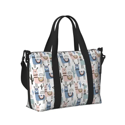 Tropical Cactus Animal Lama Print Tote Crossbody Travel Bag with Zip Casual Handbag for Weekend Trips and Gym Shopping, Black, One Size, Travel Tote3