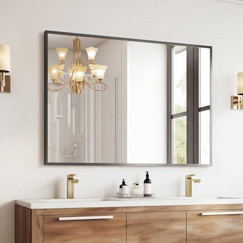 Image of Sweetcrispy Bathroom Mirror for Over Sink, 30 inch x 40 inch Rectangle | Wall Mount Mirrors with Metal Frame, Modern Vanity Mirror with Tempered Glass, for Home Decor, Anti-Rust, Black