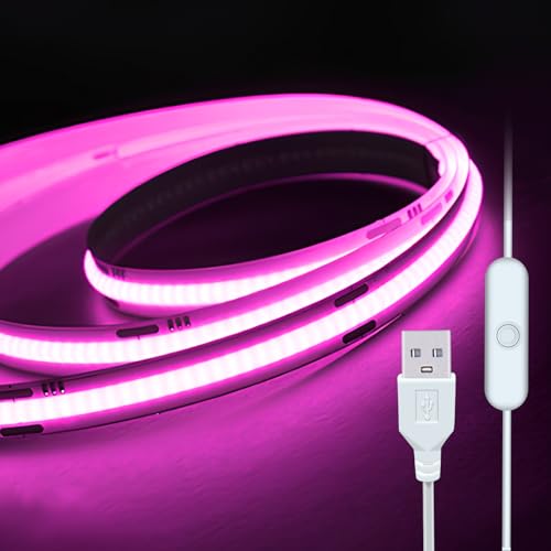 Image of 5V USB LED Cob Pink Strip Light Key Switch Bedroom 3.28ft LEDs Flexible self-Adhesive Light Strip for Stairs, Wardrobe, Kitchen, Mirror, Bedroom, Bar Cabinet