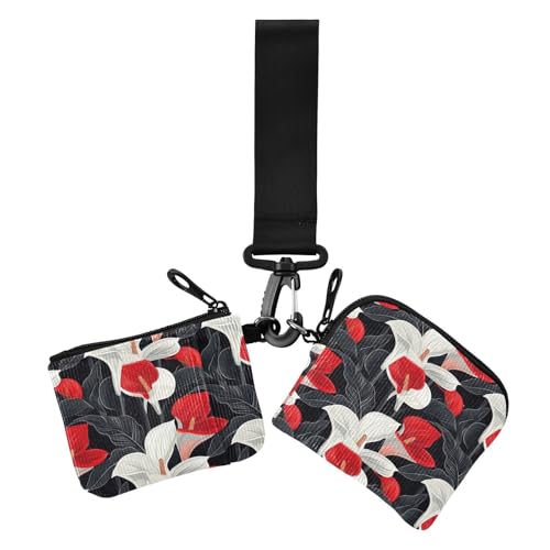 Elegant Flower Calla Lily Ethnic Art Red Black Women's Change Wallet Card Cases Large Capacity Credit Card Wallet Case with Wristlet Strap for Lady 2 Pcs