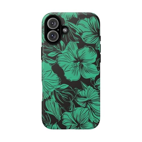 Coque iPhone 16 Plus motif floral hawaïen vert et finition mate rigide