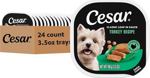 Image of Cesar Classic Loaf in Sauce Wet Dog Food, Turkey Recipe, 3.5 oz, 24 Count | Made in USA, Real turkey #1 ingredient, no fillers, no added sugar, no artificial flavors, slow-cooked, easy peel trays