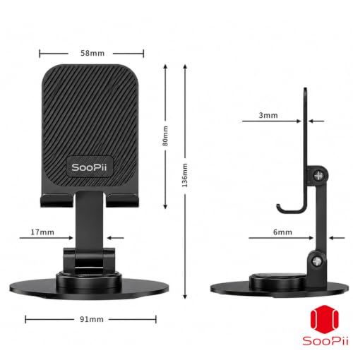 Image of Foldable Mobile Stand for Desk with 360 Rotating Base, Adjustable Phone Holder with Heavy Metal Base, Carbon Steel Desktop Stand, Anti-Slip Silicone Pads, Compatible with Smartphones up to 6.9 Inch