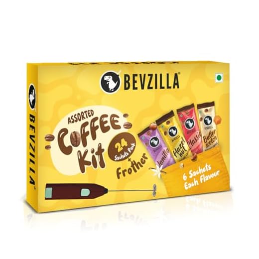 Bevzilla 24 Flavoured Coffee Sachets & Frother Coffee Kit (24 X 2 Gram Sachets) | Makes 24 Cups | 6 Sachets Each Flavour | Turkish Hazelnut, Colombian Gold, French Vanilla & English Butterscotch | 100% Arabica Coffee