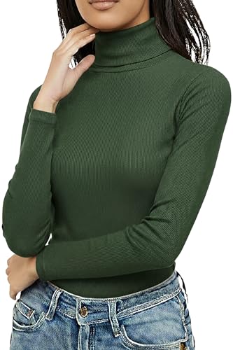 Re Tech UK Jersey de algodón acanalado liso para mujer, cuello alto, túnica de manga larga, suéter de invierno para mujer, Salvia polvoriento, 40-42