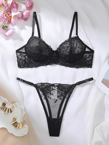 Image of Sexy Floral Embroidered Flower Mesh Underwire Push Up Lingerie Set