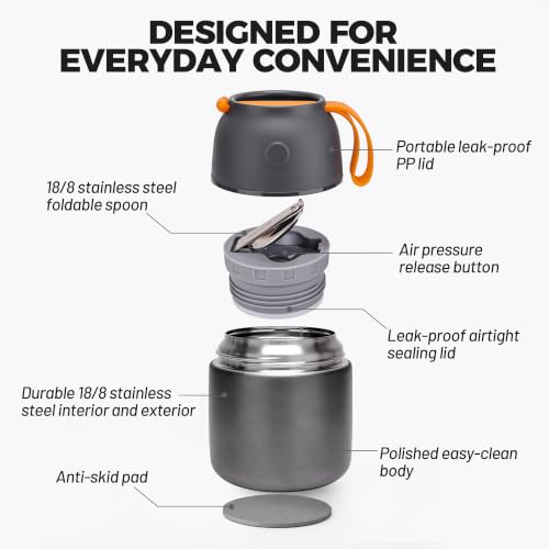 Image of Insulated Thermo Food Jar for Hot & Cold Food for Kids Adult, 17 oz Soup Thermal Hot Food Containers for Lunch, Triple Layer Insulation Stainless Steel Food Jar with Spoon (Grey)