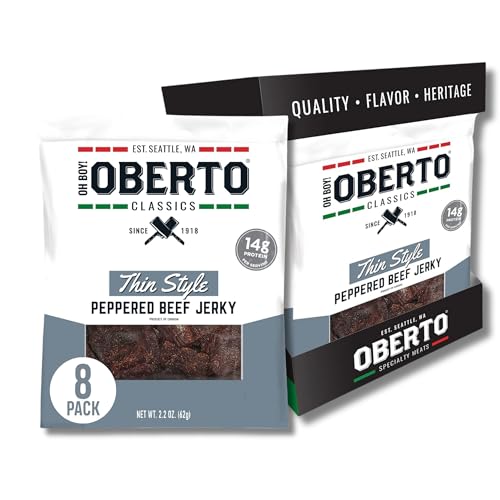 Image of Oberto Classics Thin Style Beef Jerky, Peppered Flavor, No Artificial Ingredients, High Protein, Gluten Free, Wood Smoked, Premium Steak Beef Jerky High Protein Snacks, 2.2 Ounce (Pack of 8)
