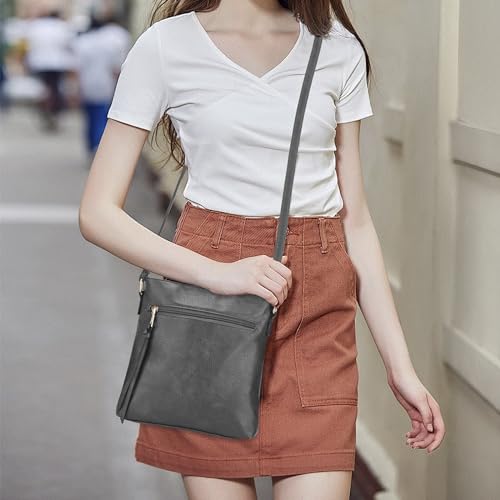 DOB SECHS Umhängetasche aus weichem PU-Leder für Damen, Klein Handtasche mit mehreren Taschen, Crossbody Bag Tasche Schultertasche mit verstellbarer Schultergurt, Grau