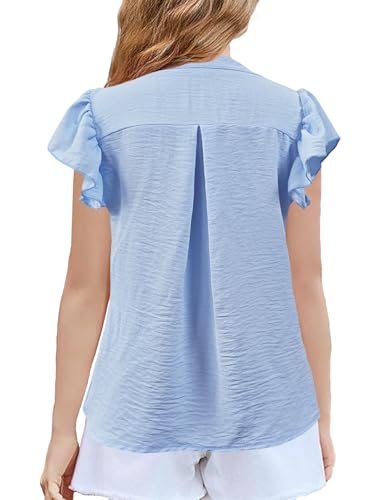 Image of Floral Find Girls Casual Ruffle Short Sleeve V Neck Textured Shirts Summer Dressy Tunic Top Blouses