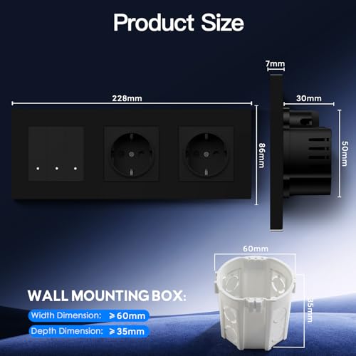 BSEED Smart Zigbee Lichtschalter mit Normal Doppelt Steckdose, Lichtschalter Unterputz mit PC Rahmen, 3 Fach 1 Weg, kompatibel mit Alexa/Google Home, Zigbee Hub & Neutralleiter Erforderlich, Schwarz
