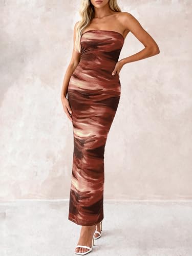 Image of PRETTYGARDEN Women Summer Strapless Maxi Dress Bodycon Floral Sexy Long Wedding Guest Dress Formal Tube Mesh Cocktail Dresses