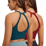 ODODOS 2-Pack Seamless Henley Crop for Women Open Back Ribbed Tank Button-up Cropped Top, Teal Red, Medium/Large