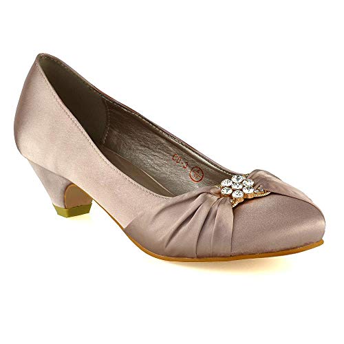 ESSEX GLAM Womens Bridal Pumps Satin Diamante Brooch Slip On Shoes