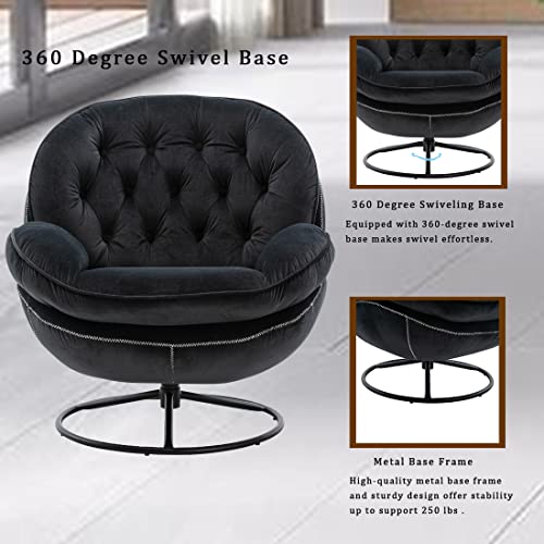 Baysitone Velvet Swivel Accent Chair with Ottoman Set, Modern Lounge Chair with Footrest, Comfy Armchair with 360 Degree Swiveling for Living Room, Bedroom, Reading Room, Home Office (Black)