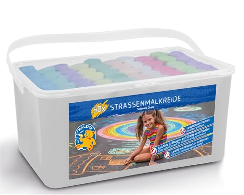 PUSTEFIX MALEFIX Straßenmalkreide 50er Packung I Malkreide für Kinder und Erwachsene I Vielfalt an Farben I Leuchtend und Kräftig I Wasserlösliche und hochwertige Kreide I für Straße u. Hof