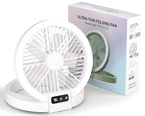 Image of DEPOZA Foldable Desk Fan Quiet Table Fan Ultra-Thin - USB Rechargeable, Battery Operated 5 Speed With Light - Portable Desktop Fan for Bedroom, Office, Camping, and Outdoor Use, Medium, White, D-F03