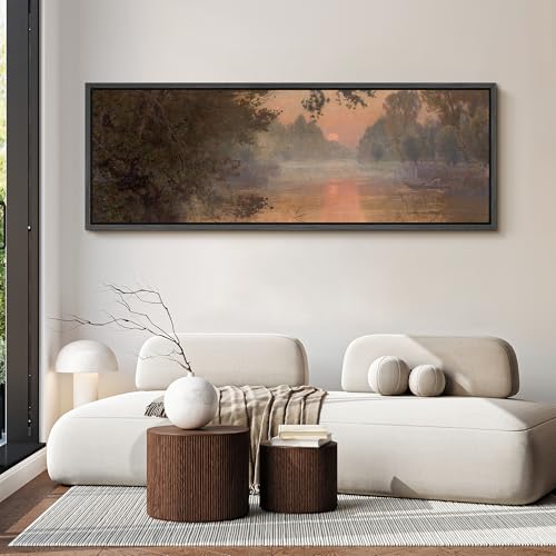 Image of MUDECOR Large Framed Canvas Print Wall Art Serene River Sunset Reflection Soft Nature Landscape Antique Retro Ready to Hang Painting for Living Room Bedroom Multi-Sizes - 60 inchx20 inch