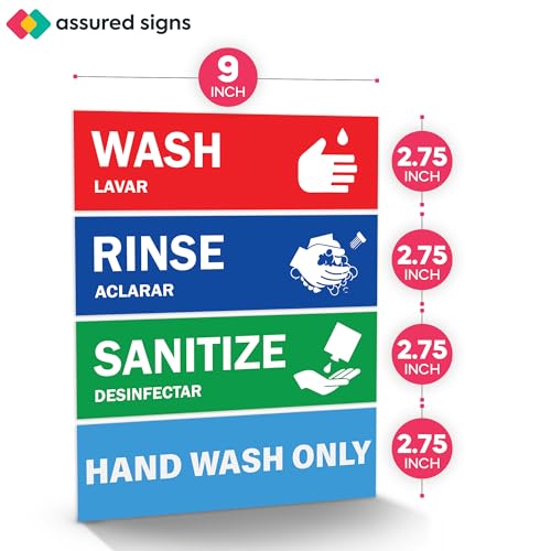 Image of ASSURED SIGNS Wash Rinse Sanitize Sink Label Stickers - 2.75 inch x 9 inch, 1 Pack | Boost Workflow Efficiency, Staff Training Aid, Compliance Support, Color-Coded, Bilingual, Waterproof, A-Grade Adhesive