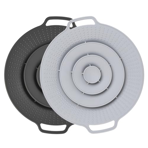 Astis 2 Pezzi Coperchio Universale in Silicone, Paraspruzzi Anti-Traboccamento, Protezione Contro Fuoriuscite Liquidi, Adatto per Pentole 15-25 cm, Coperchio Culinario Multiuso (Nero Grigio)