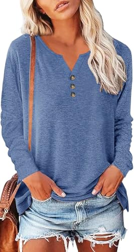 SOADKP Damen Oberteil Langarm Elegant Langarmshirt Herbst Tshirt V-Ausschnitt Knopf Sexy Shirts Casual Tops(Blaugrau/M)