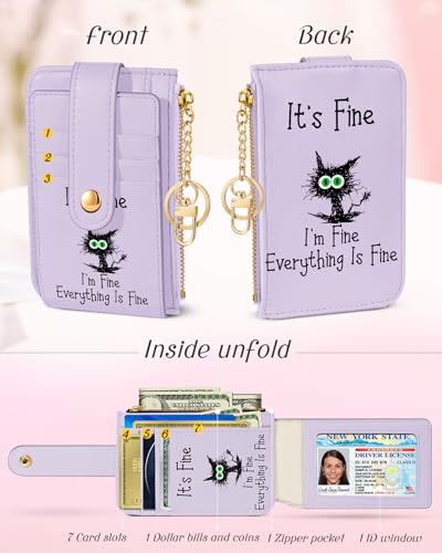 Hautebella Credit Card Holder Wallet for Women Cute Small for Ladies Teen Girls Female RFID Cats Fine Leather Cardholder Wallets Organizer Purse Sunflower Girly Aesthetic Print Unique Zipper - Image 4