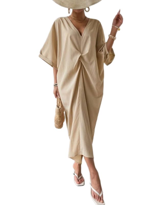Pure Cotton Beige Summer Dress for Women Soft Breathable Fabric Elegant Flowy Silhouette Contemporary Casual Chic Outfit with Subtle Tone and Relaxed Feminine Styling-picture-14