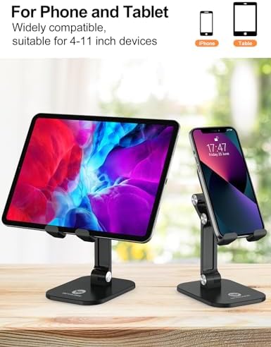 OCYCLONE Cell Phone Stand, iPad Stand, Angle Height Adjustable iPhone Tablet Stand for Desk, Fully Foldable Cell Phone Holder Compatible with 4"-12.9" iPhone 11 12 Pro XR SE/iPad/Kindle/Tablet - Blac
