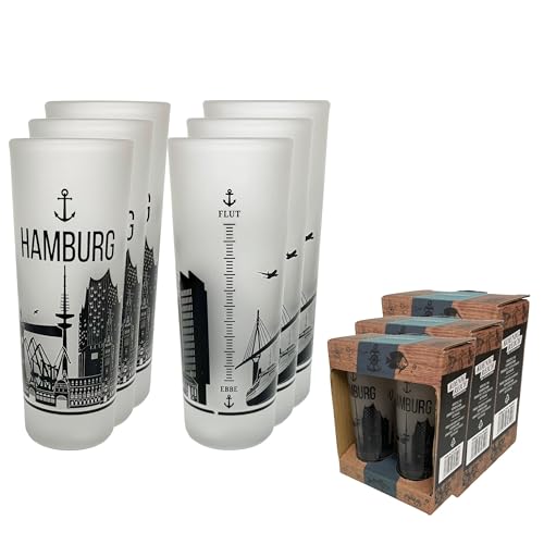 3forCologne Copos de shots de 6,5 cl, conjunto de 6 unidades, design de Hamburgo Skyline, pinnchen, shot, tequila, vodka, fruteira, grappa, numa bonita embalagem de presente, fabricado na Alemanha